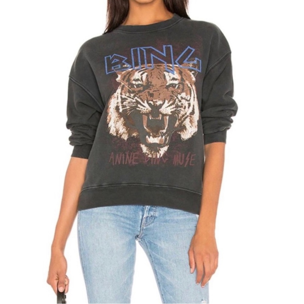 Anine Bing women’s grey black Tiger logo crewneck sweatshirt cotton size XS